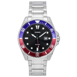 Relógio masculino Casio padrão analógico de aço inoxidável com mostrador preto quartzo MDV-107D-1A3 200M