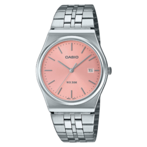 Relógio unissex Casio analógico padrão de aço inoxidável com mostrador rosa quartzo MTP-B145D-4AV