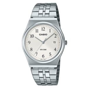 Relógio masculino Casio padrão analógico de aço inoxidável com mostrador branco quartzo MTP-B145D-7B