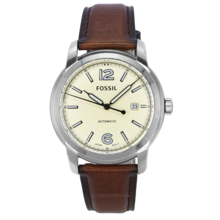 Reloj unisex Fossil Heritage Brown LiteHide color crema con correa de cuero y esfera automática ME3221