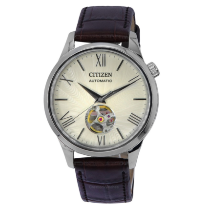 Reloj para hombre Citizen con correa de piel de becerro y corazón abierto, esfera marfil automática NH9130-17A