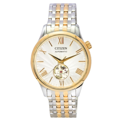 Reloj Citizen de dos tonos de acero inoxidable con corazón abierto y esfera blanca automática NH9136-88A para hombre