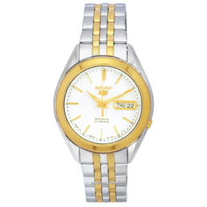 Relógio masculino Seiko 5 dois tons de aço inoxidável branco árabe mostrador automático SNKL24 SNKL24J1 SNKL24J