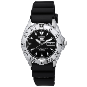Relógio masculino Seiko 5 esportivo com pulseira de borracha mostrador preto automático SNZB33J2 100M