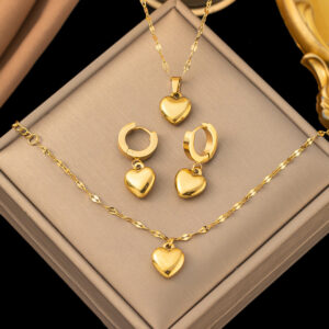 Conjunto Coração 3D – Colar, Pulseira e Brincos em Aço Titânio com Banho de Ouro | Edição Especial com Caixa Presente